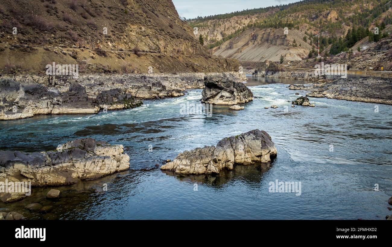 Low Water Levels in the Thompson River near Spences Bridge in British Columbia, Canada Stock Photo