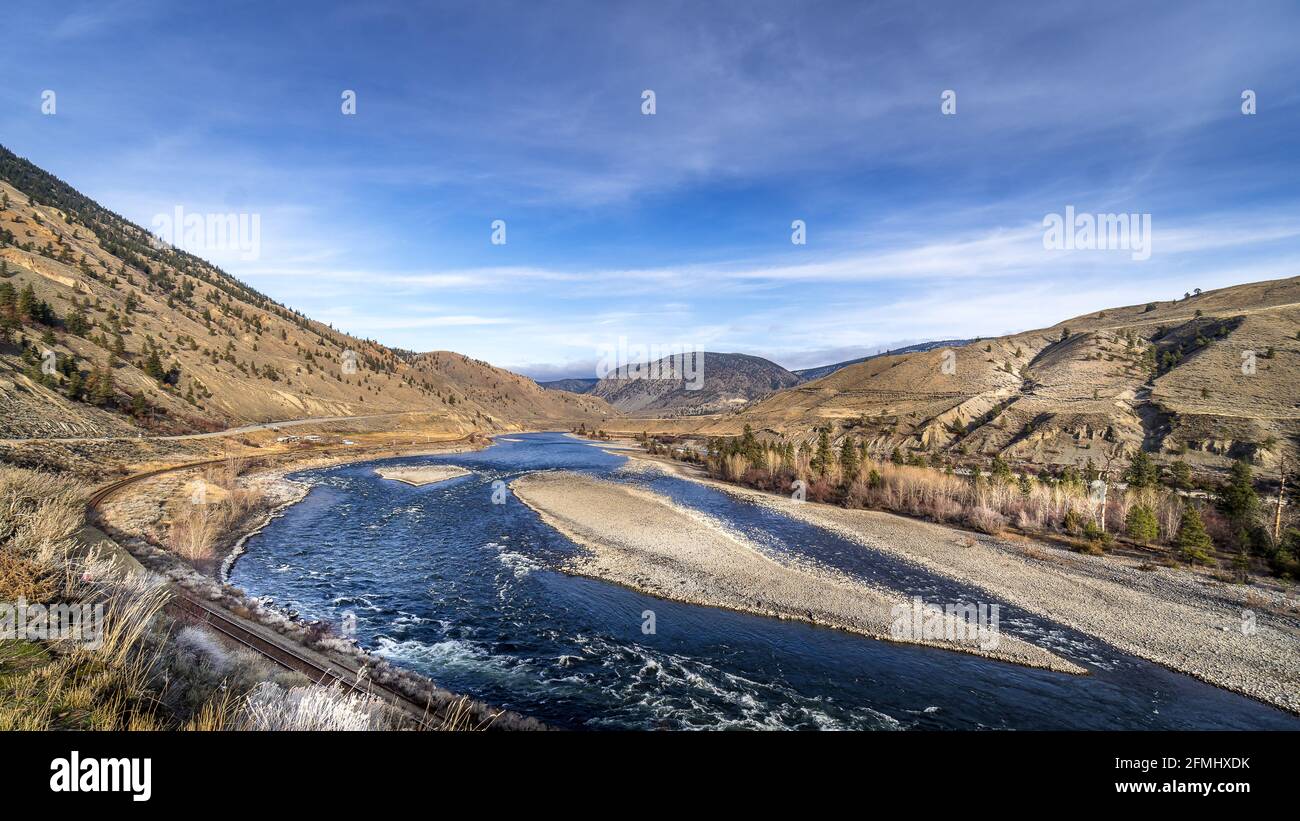 Winter Landscape surrounding the Thompson River as it flows from Kamloops to Spences Bridge in British Columbia, Canada Stock Photo