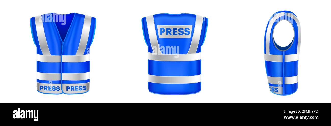 Blue safety vest for press with reflective stripes. Uniform for journalists, reporters and mass media workers. Vector realistic 3d waistcoat with reflectors in front, back and side view Stock Vector