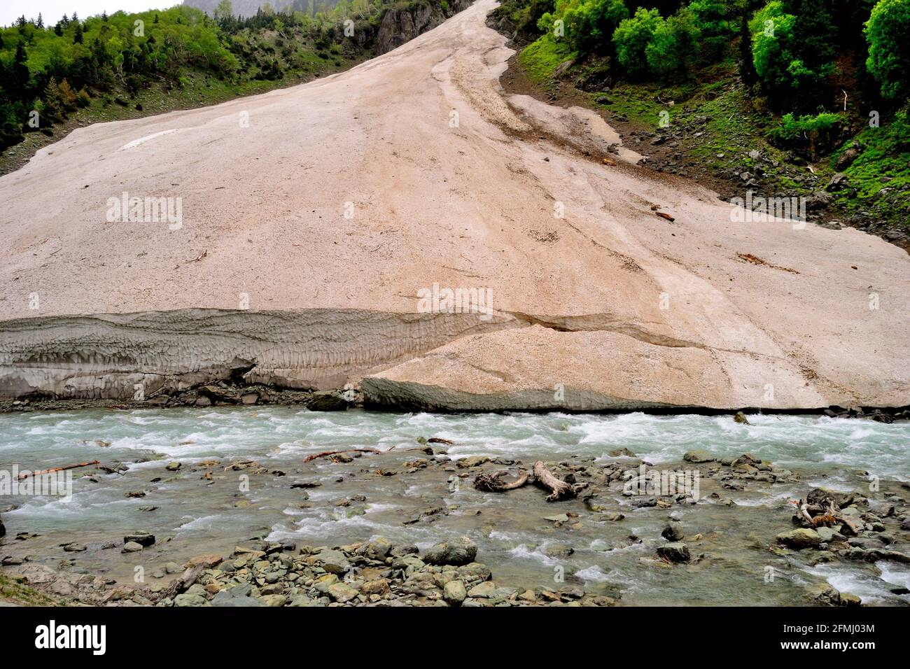 Lidder river on the way to Pahalgam, 73 kilometer long river which originates from the Kolhoi Glacier, Jammu & Kashmir, India Stock Photo