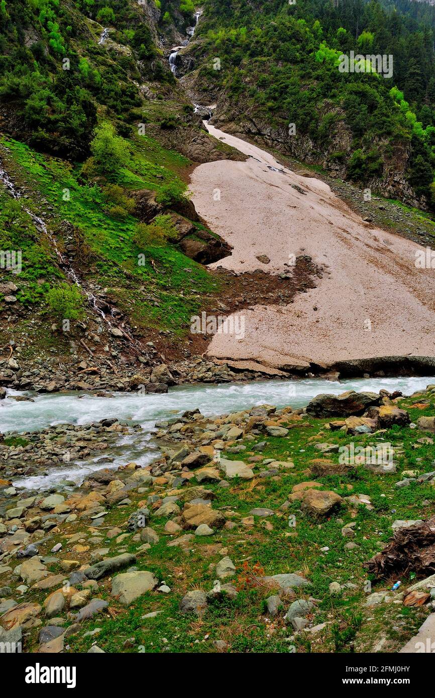 Lidder river on the way to Pahalgam, 73 kilometer long river which originates from the Kolhoi Glacier, Jammu & Kashmir, India Stock Photo