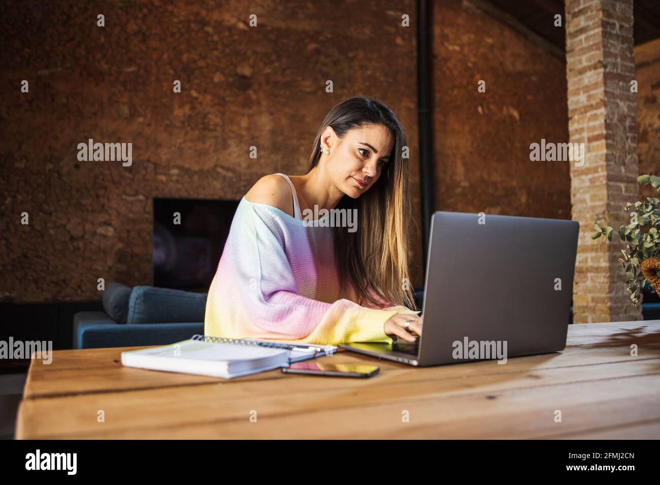 Content female remote employee with cellphone and netbook at table in house Stock Photo