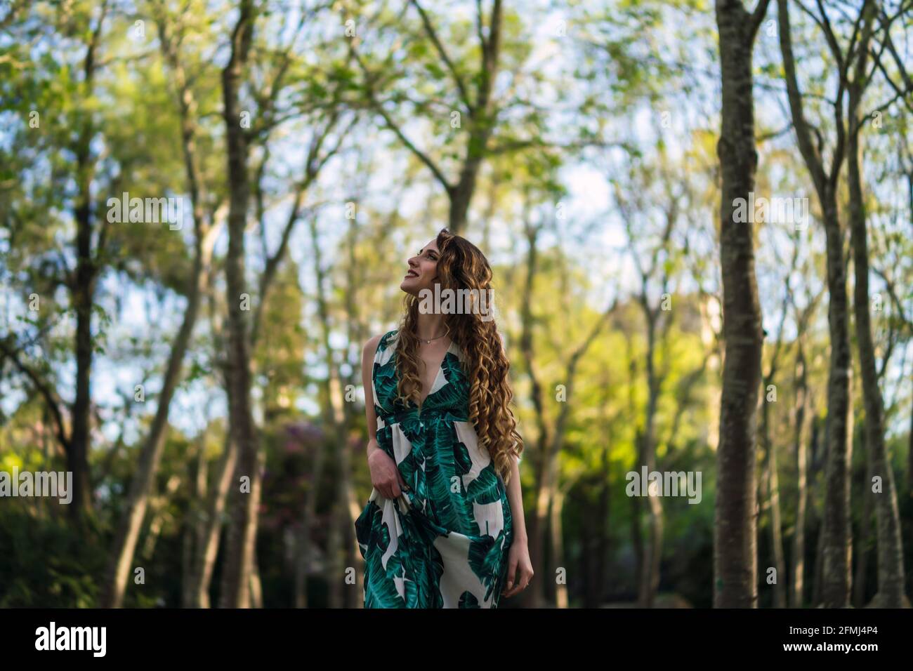 Attractive young female wearing stylish maxi sundress strolling on boardwalk in abundant park and looking up Stock Photo