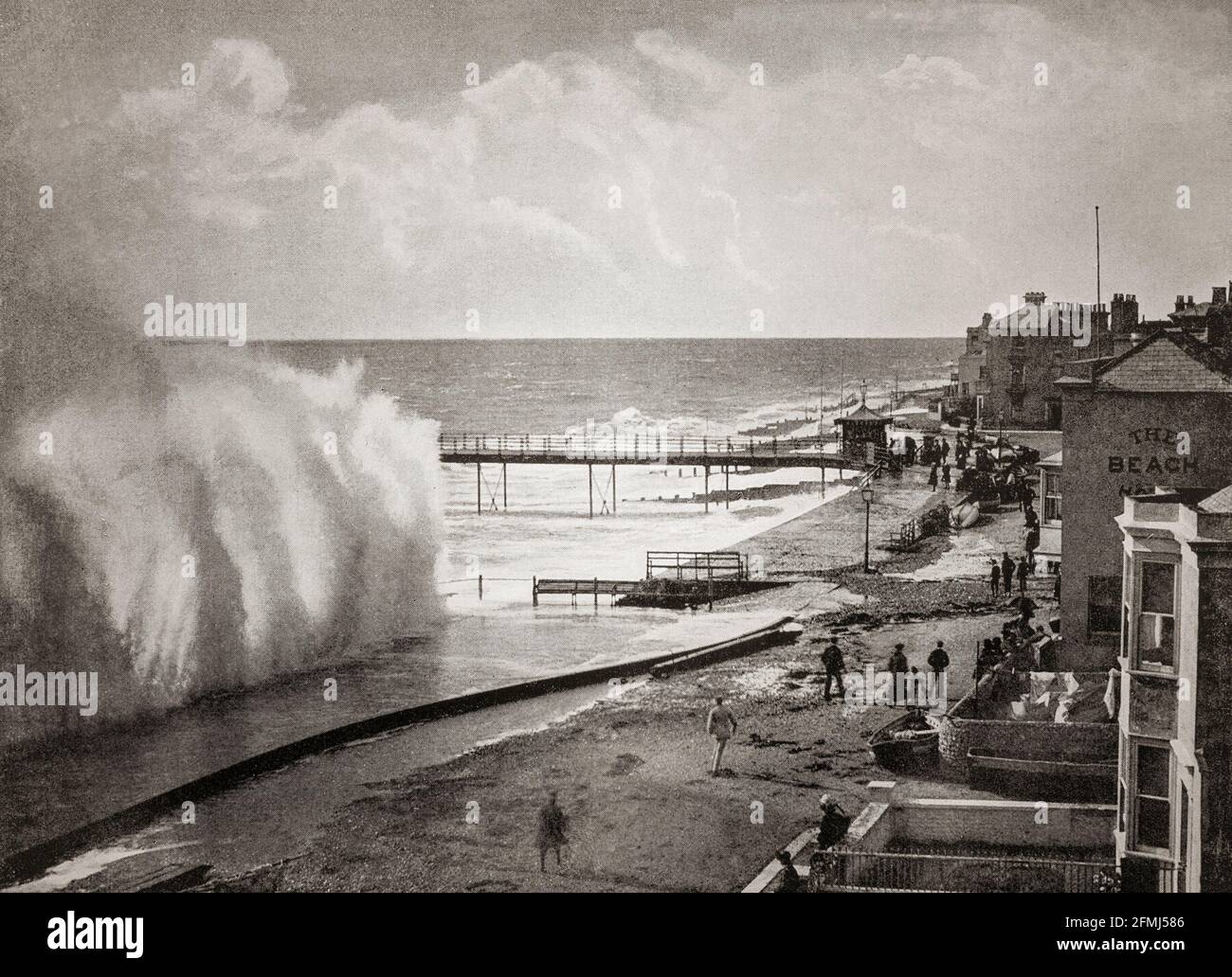 A late 19th Century view of a stormy day at Bognor Regis, a town and seaside resort on the English Channel in West Sussex on the south coast of England. Stock Photo