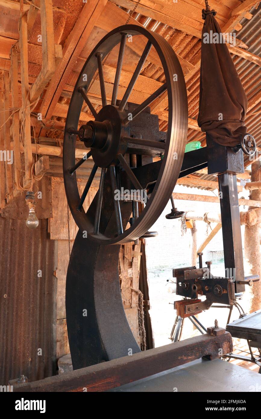 sawmill machine closeup for chopping trees Stock Photo Alamy