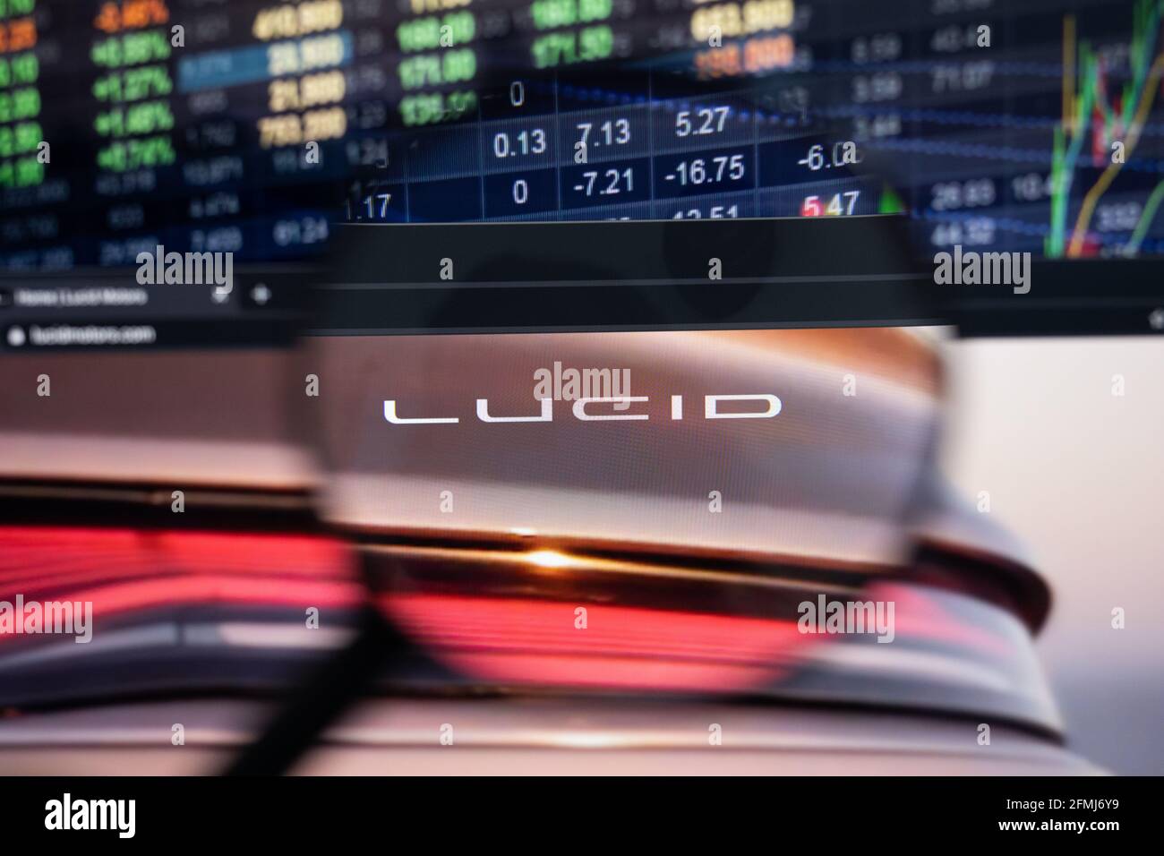 Lucid Motors company logo on a website with blurry stock market