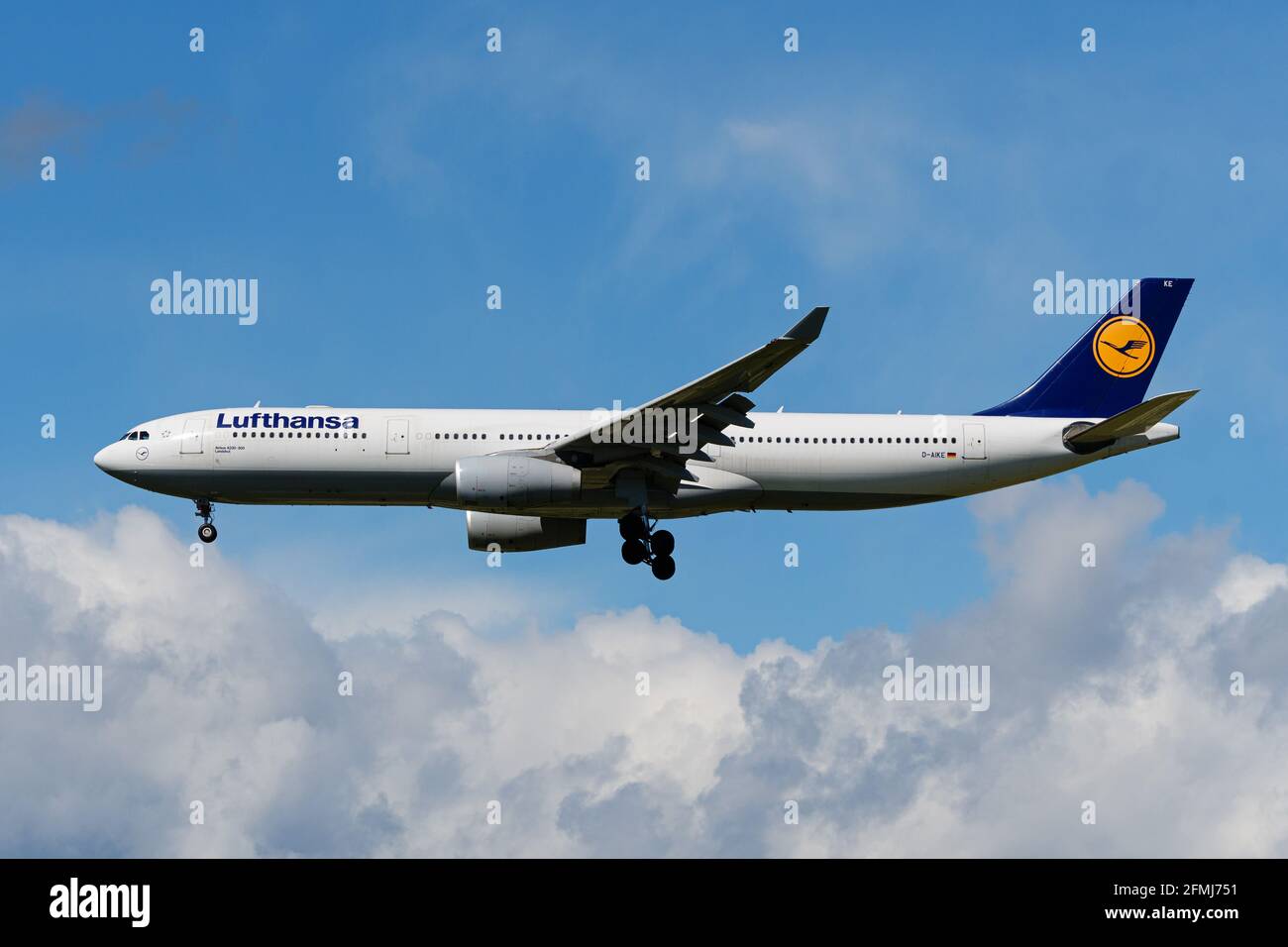 Richmond, British Columbia, Canada. 7th May, 2021. A Lufthansa Airbus A330-300 jet (D-AIKE) airborne on final approach for landing at Vancouver International Airport. Credit: Bayne Stanley/ZUMA Wire/Alamy Live News Stock Photo