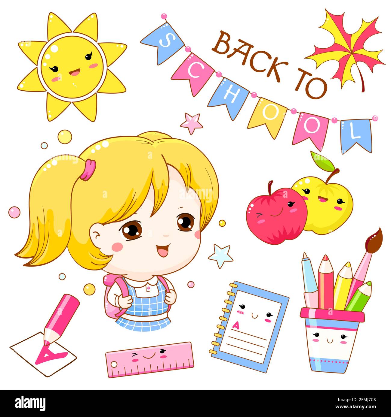 Back to school. Little girl with a backpack. Collection in kawaii style - schoolgirl, apple, notebook, pencil. Vector illustration EPS8 Stock Vector