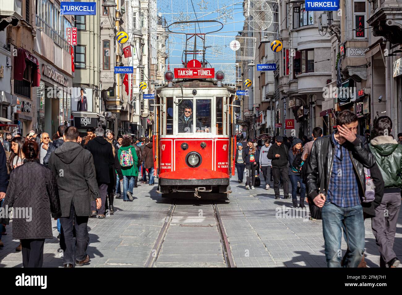 Istanbul, Turkey - 03.06.2013: Heritage trams of Istanbul; Taksim - Tunel Nostalgia Tramway line, operates on Istiklal Street between Taksim Square an Stock Photo