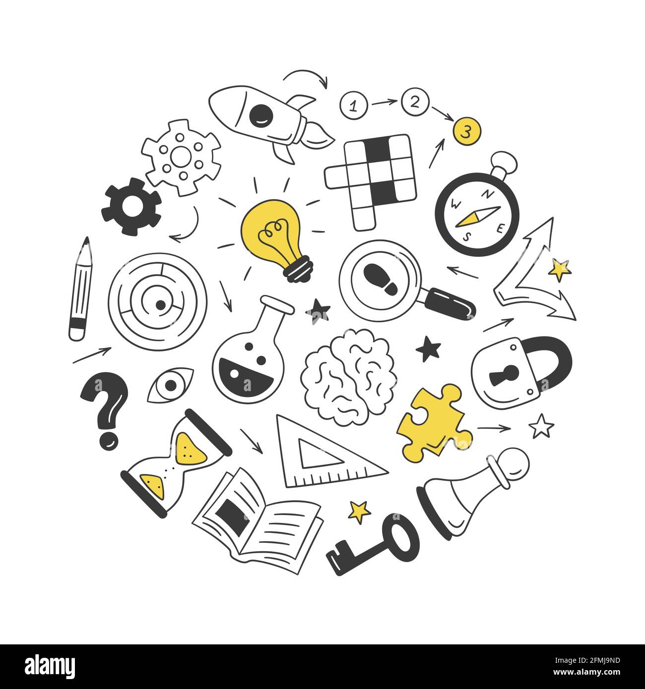 Puzzle and riddles. Set of isolated hand drawn objects. Crossword puzzle,  Maze, Brain, Chess piece, Light bulb, labyrinth, gear, lock and key. Vector  Stock Vector Image & Art - Alamy