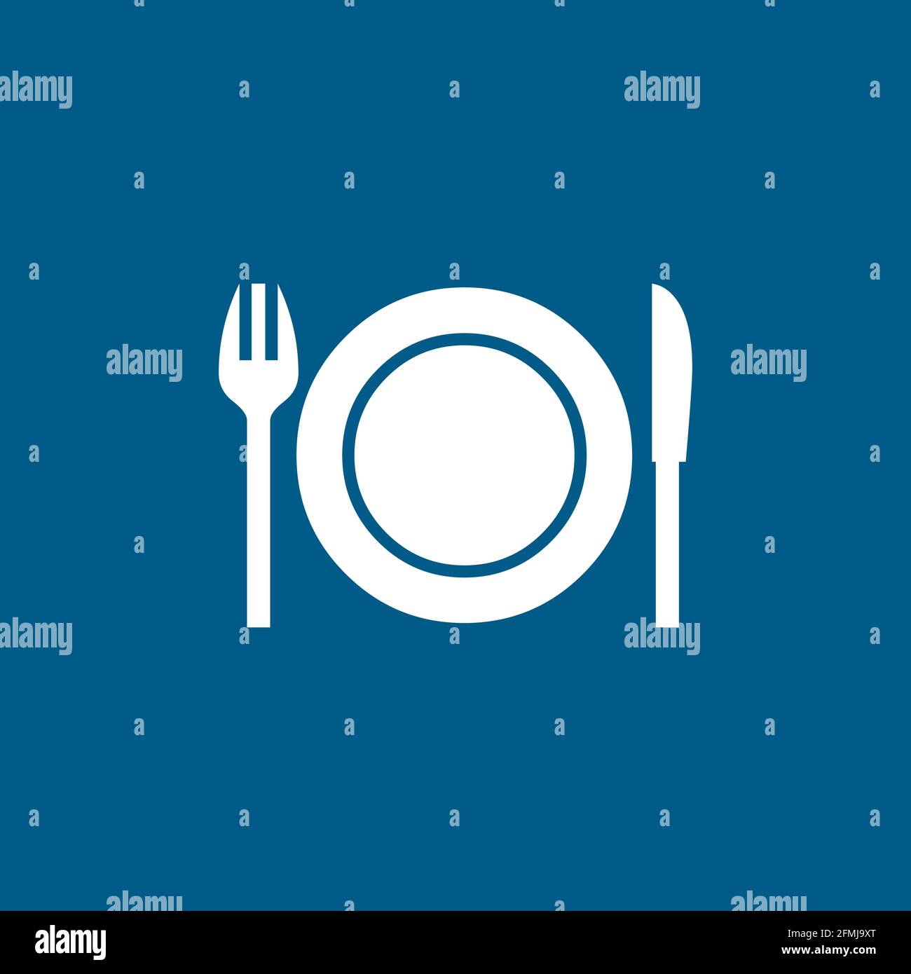 Plate with Knife & Fork Icon On Blue Background. Blue Flat Style Vector Illustration. Stock Vector