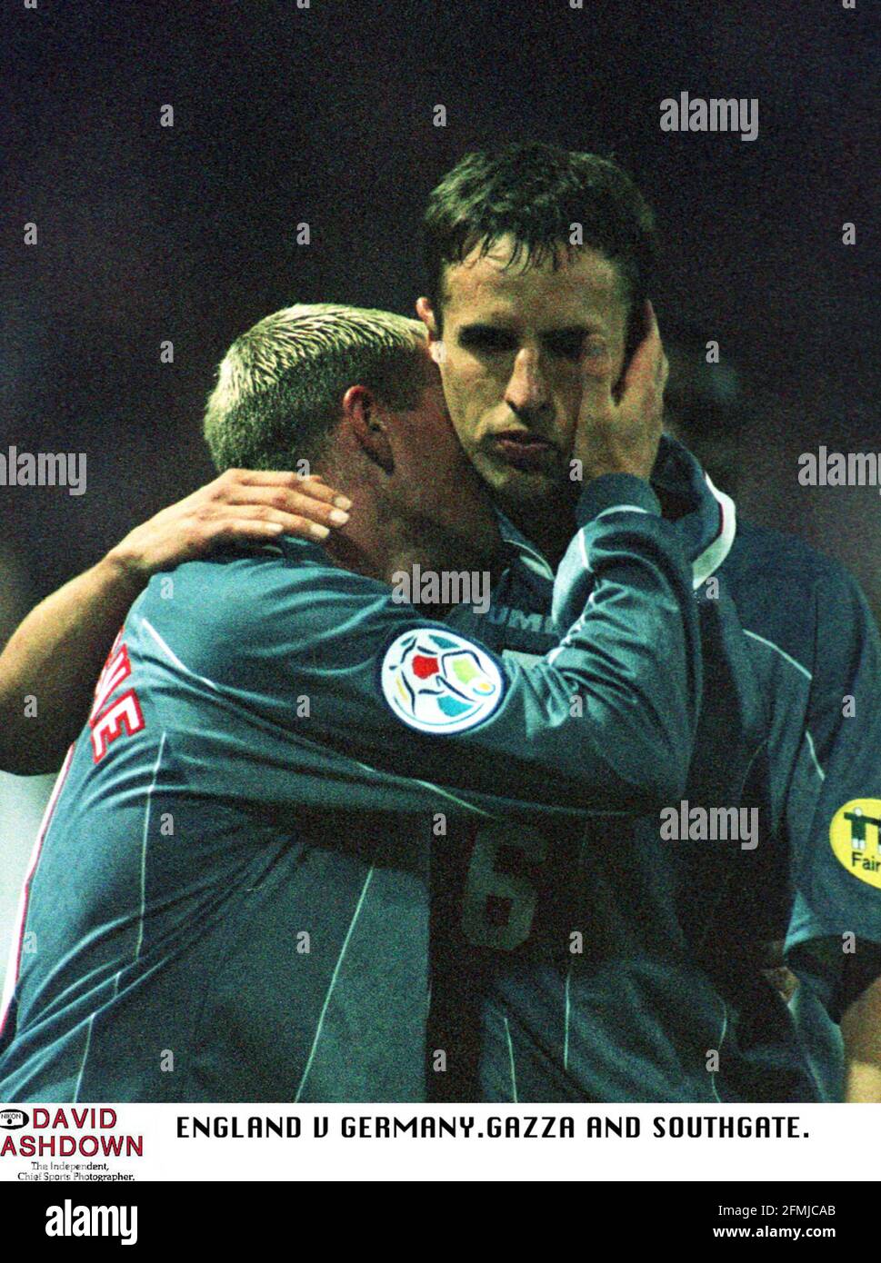 Gareth Southgate of England is consoled by Paul Gascoigne after missing a penalty Stock Photo
