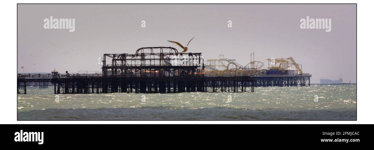 The West Pier in Brighton on fire for the second time in weeks. pic David Sandison 13/5/2003 Stock Photo