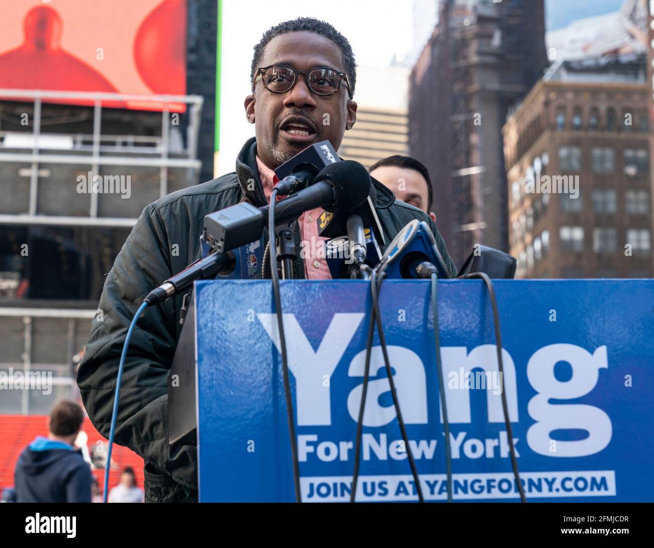 New York, United States. 09th May, 2021. William Allen speaks at Mayoral candidate Andrew Yang press conference to address gun violence and recent shooting on Times Square. Andrew Yang addressed recent shooting of 3 innocent bystanders on Times Square and increase of gun violence and other types of crime in the city. As Yang was speaking on this Sunday, Times Square was looking peaceful and full of people celebrating Mother's Day. (Photo by Lev Radin/Pacific Press) Credit: Pacific Press Media Production Corp./Alamy Live News Stock Photo