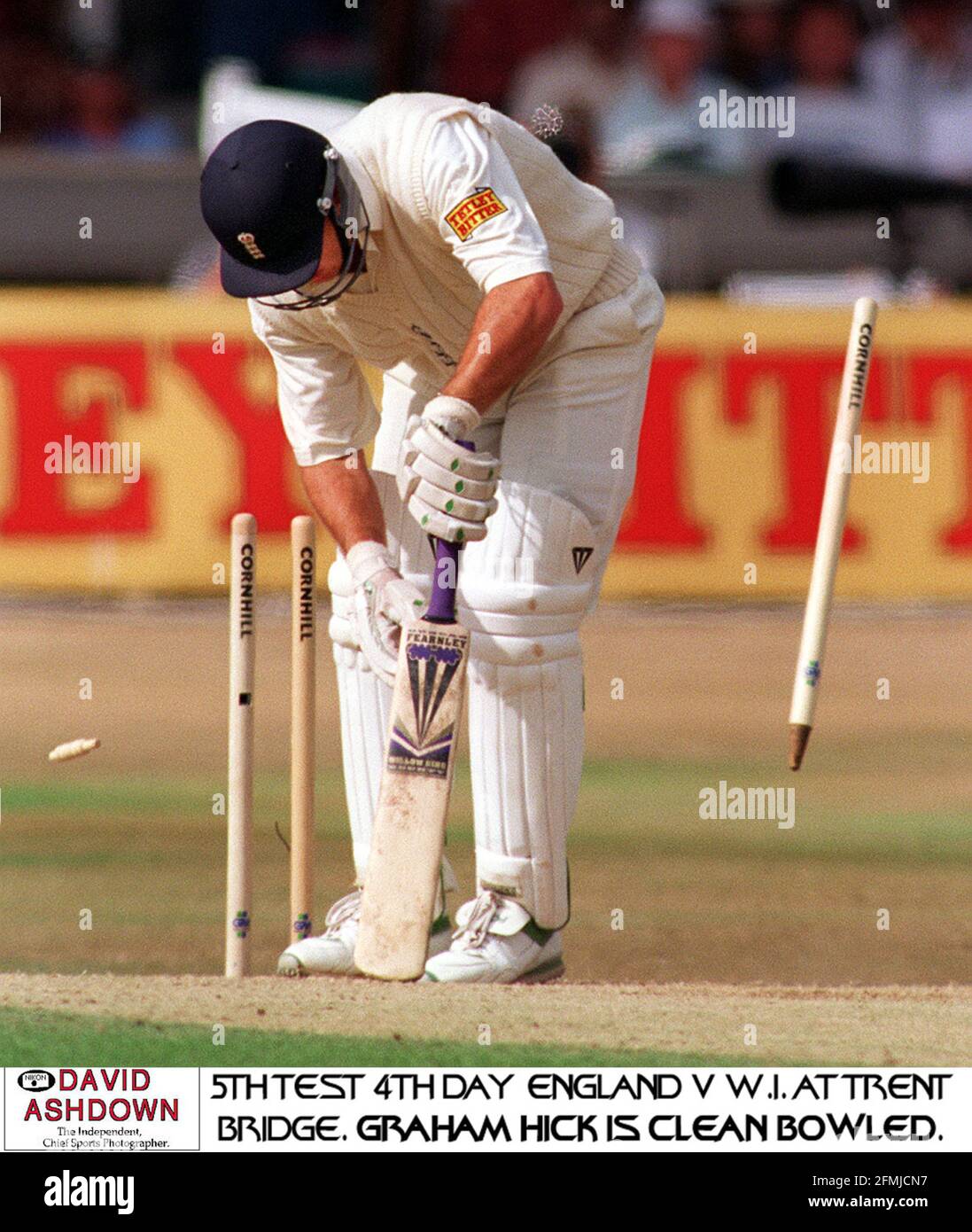 Graeme Hick is clean bowled by Benjamin  during the 5th test match at Trent Bridge between England and  West Indies Stock Photo
