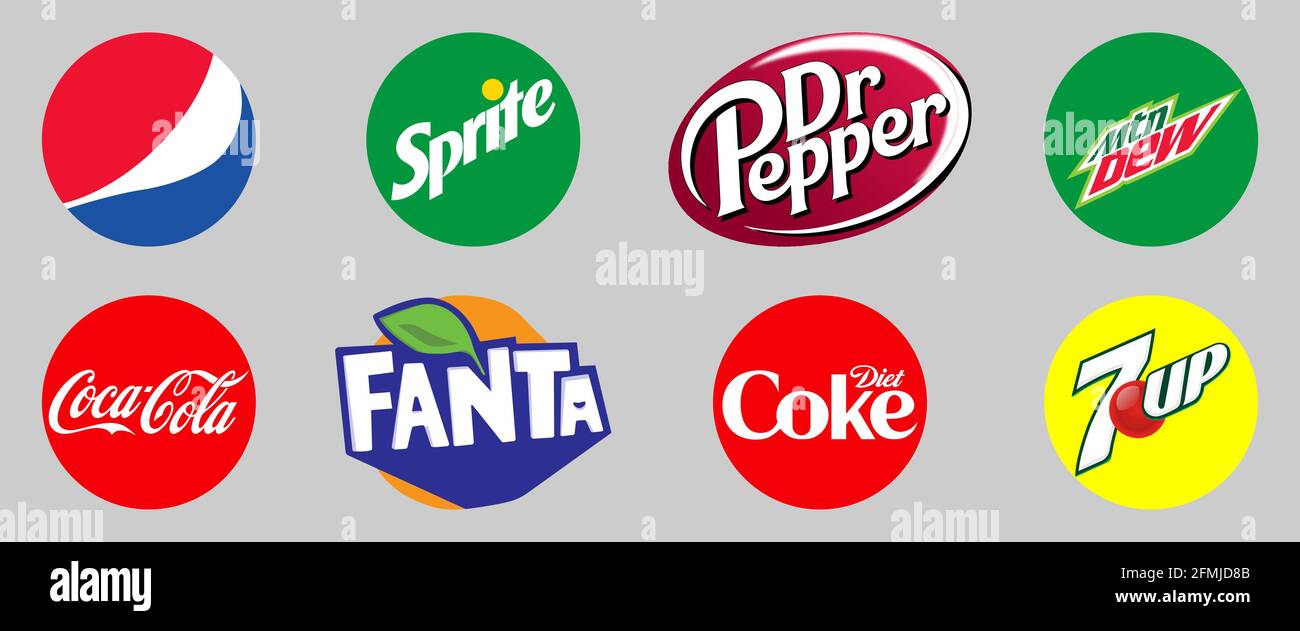 Vinnytsia, Ukraine - May 6, 2021: Set of most popular soda drinks logo. Pepsi, Coca-Cola, Sprite, Fanta, Dr Pepper, Diet Coke, Mountain Dew, 7UP Stock Vector