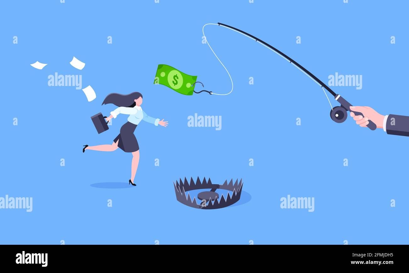 Fishing money chase business concept with businesswoman running after dangling dollar and trying to catch it. Stock Vector