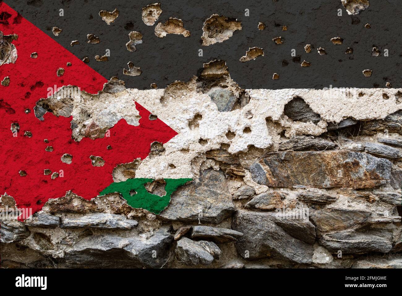 Concept of the Political Situation in Palestine with a damaged painted flag on a cracked wall with wholes. 3D-Illustration. 3D-rendering Stock Photo