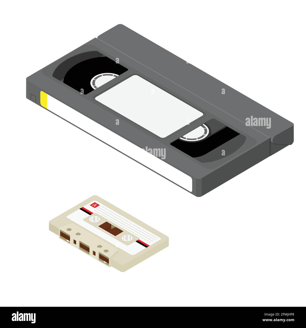 Black vintage vhs video tape and cassette tape isolated on white