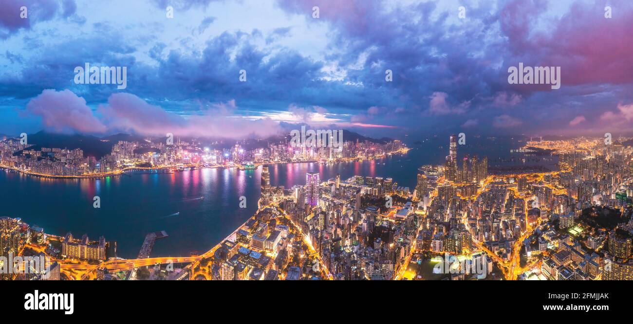 Epic aerial view of cityscape of Hong Kong. Cyberpunk metropolis scene,  night, drone view Stock Photo - Alamy