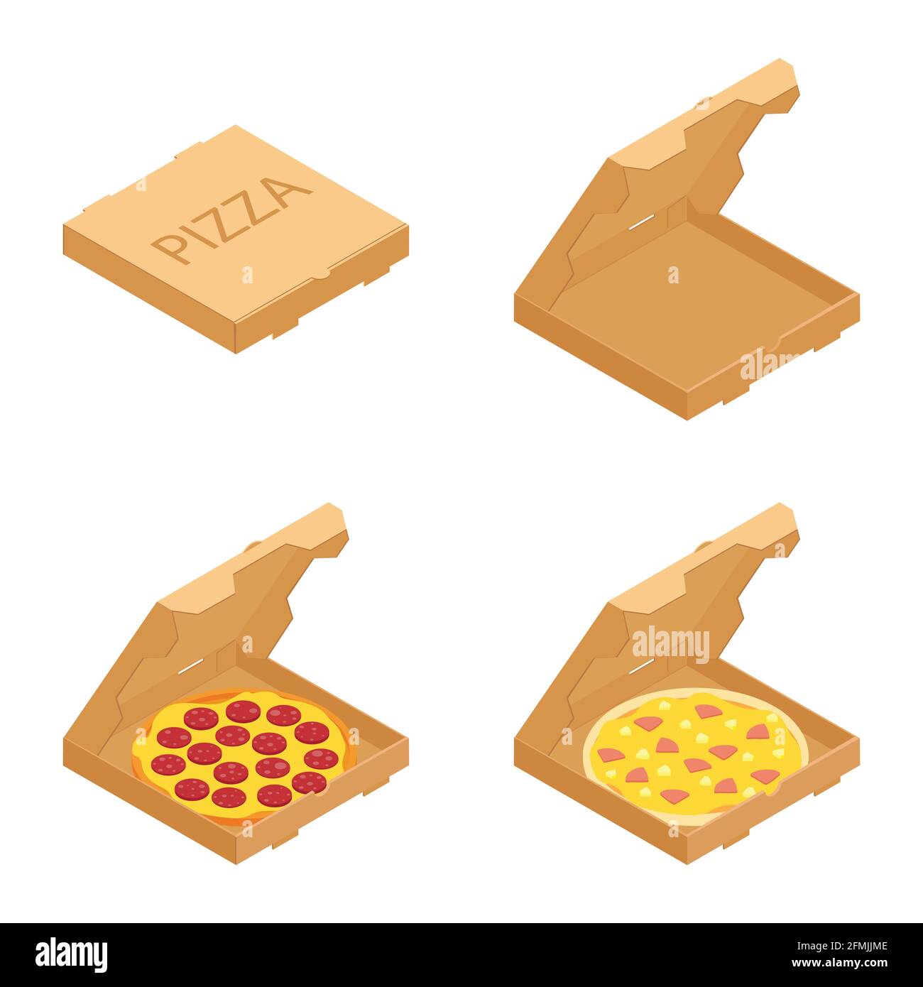 Set of the Italian pizzas in cardboard boxes isolated on white