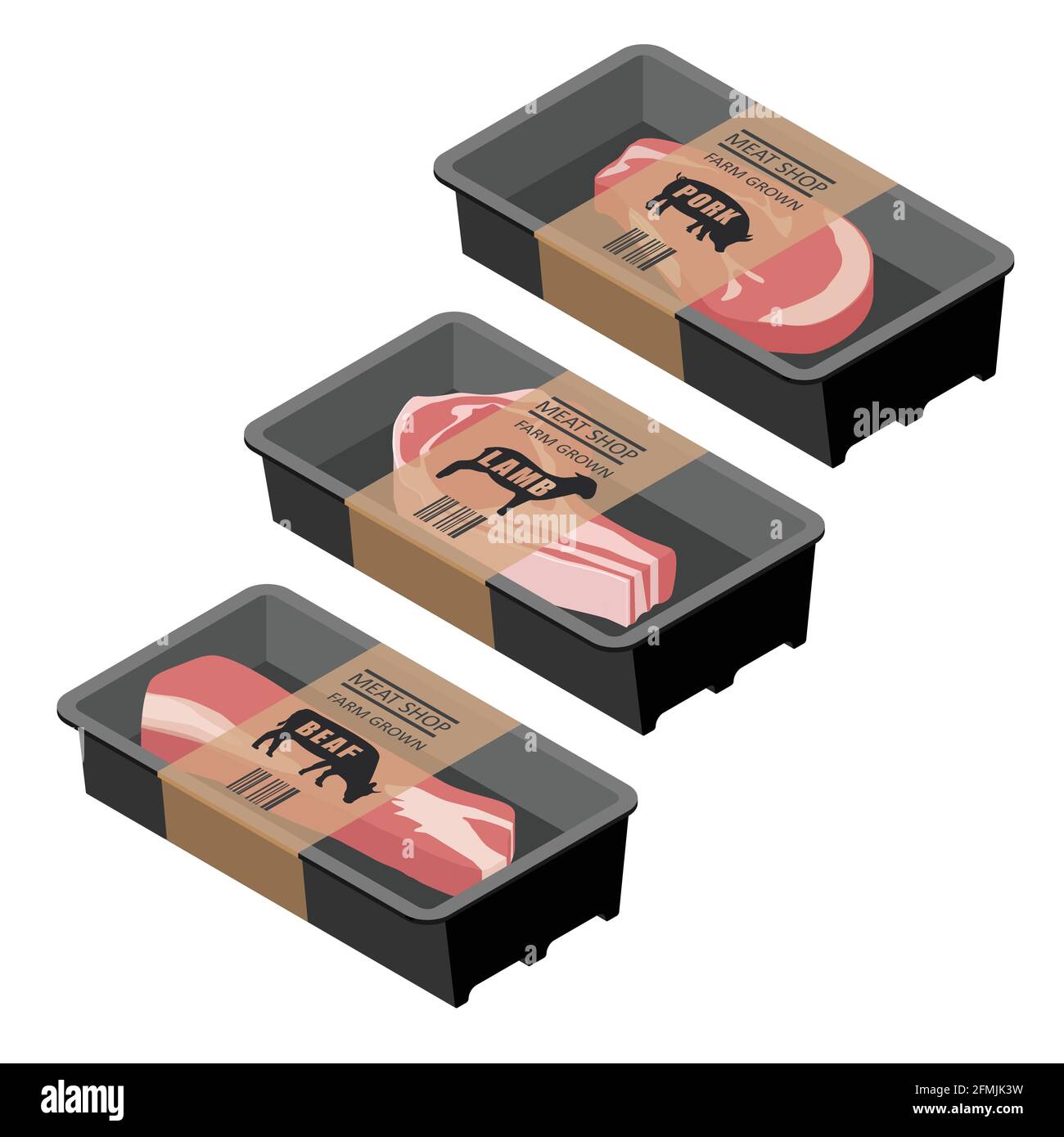 Raw fresh beef, pork and lamb meat food packing design. Isolated on ...
