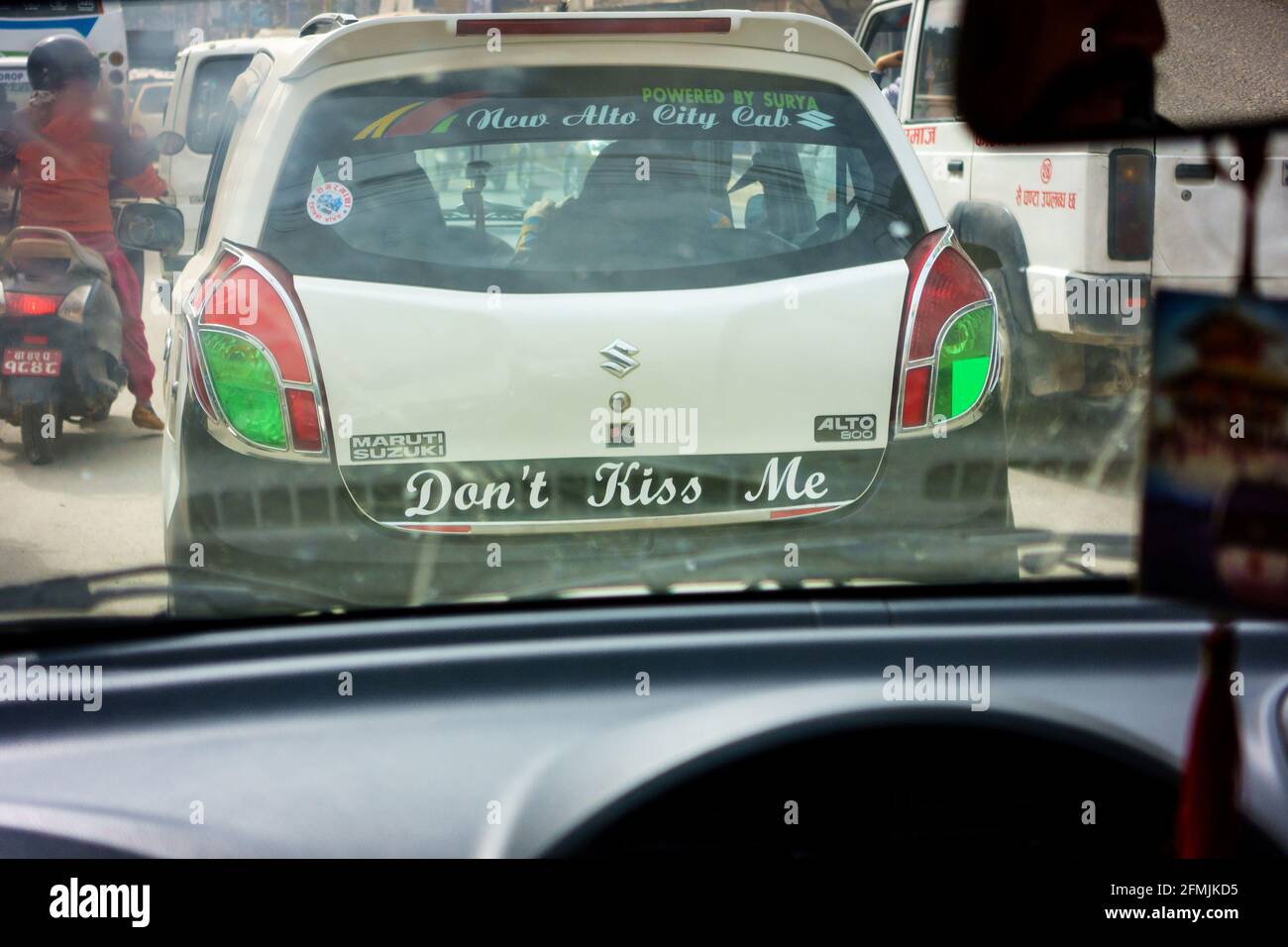 Don't kiss me message on the back of taxi in Kathmandu, Nepal Stock Photo