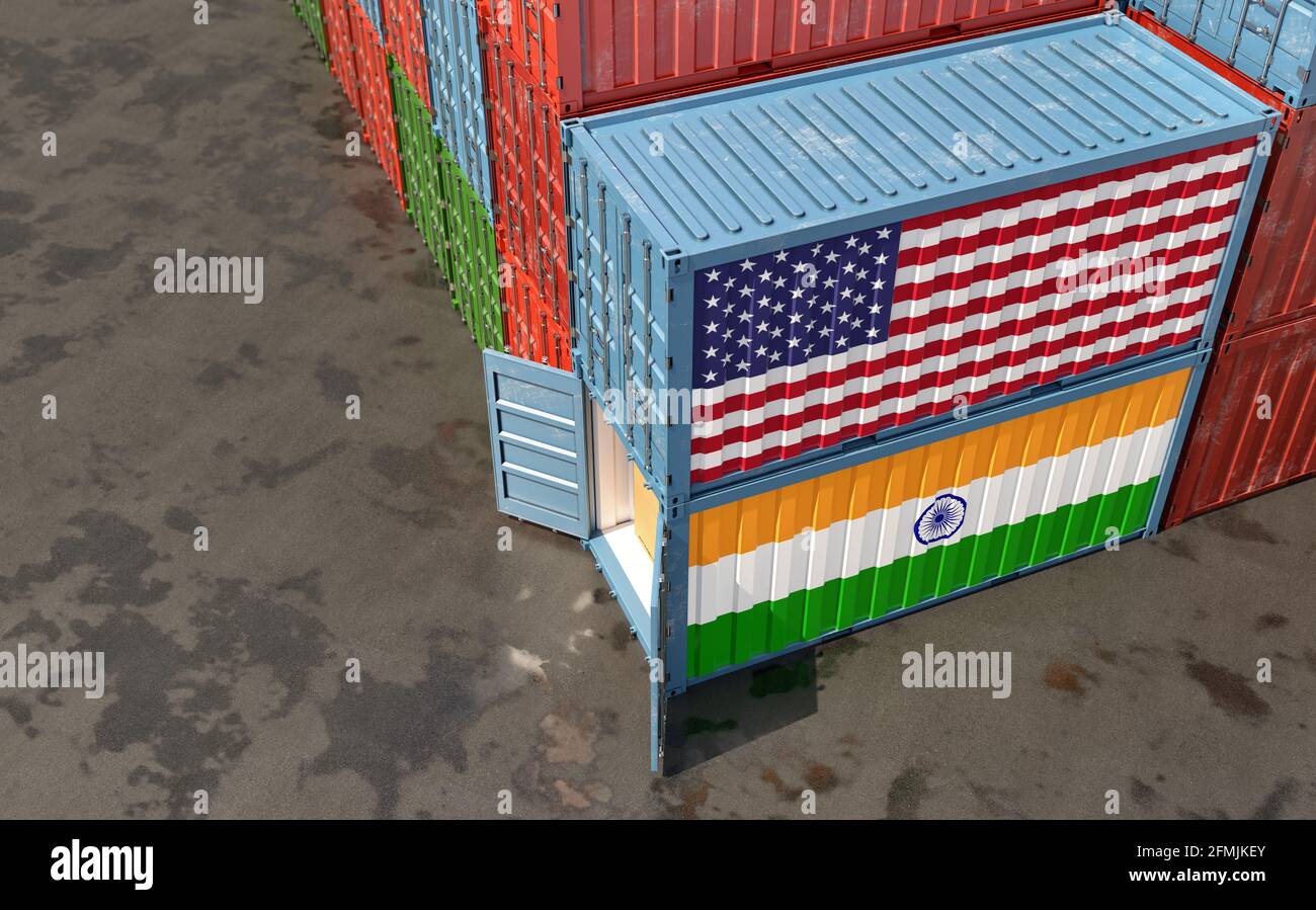 Freight containers with India and USA national flags. 3D Rendering ...