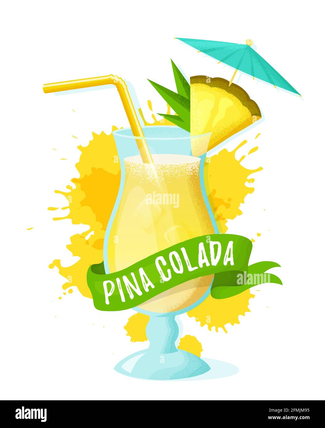 Pina colada with pineapple slice, straw and umbrella. Modern banner with glass of alcoholic drink, ribbon and juice splashes. Vector illustration. Stock Vector