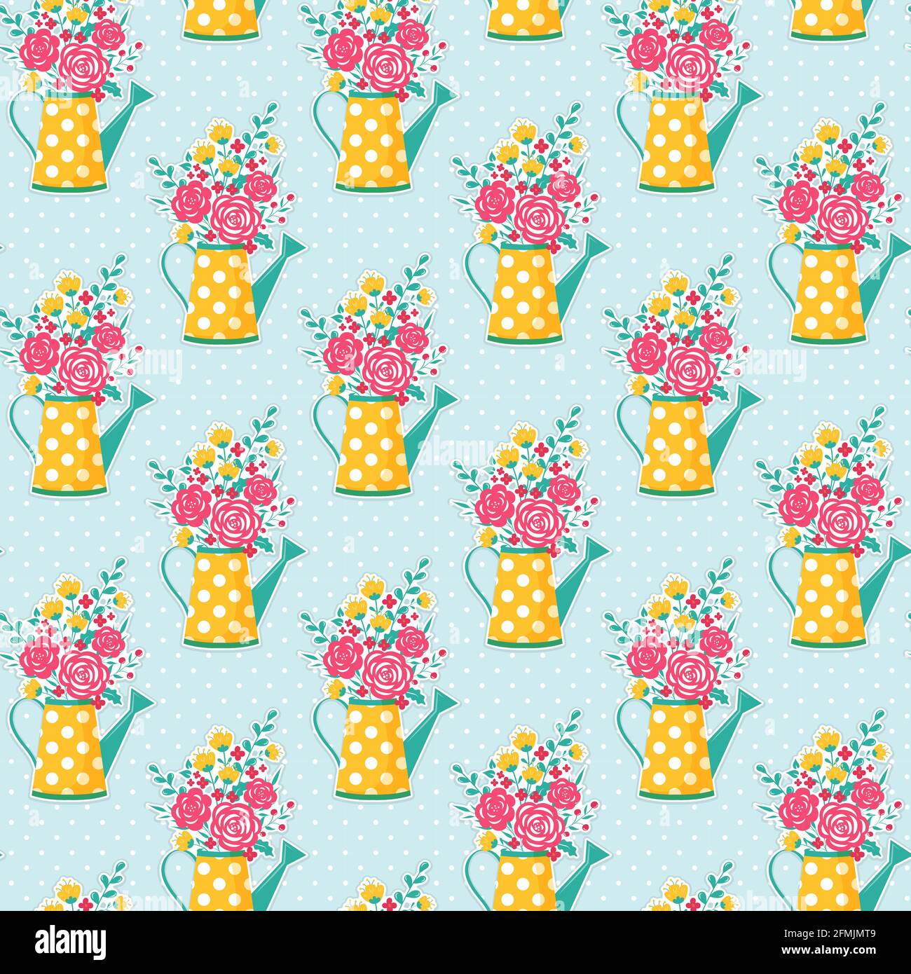 Cute seamless pattern with watering can and flowers. Polka dot background. Vector illustration. Stock Vector