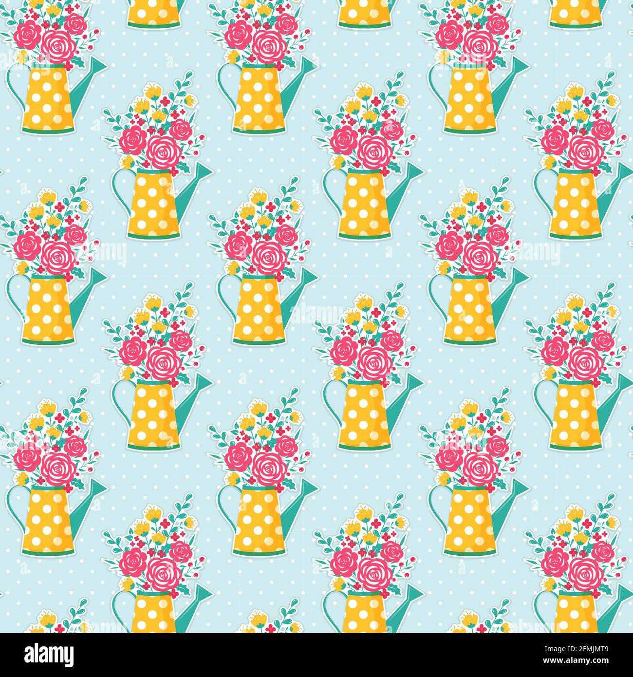 Cute seamless pattern with watering can and flowers. Polka dot ...