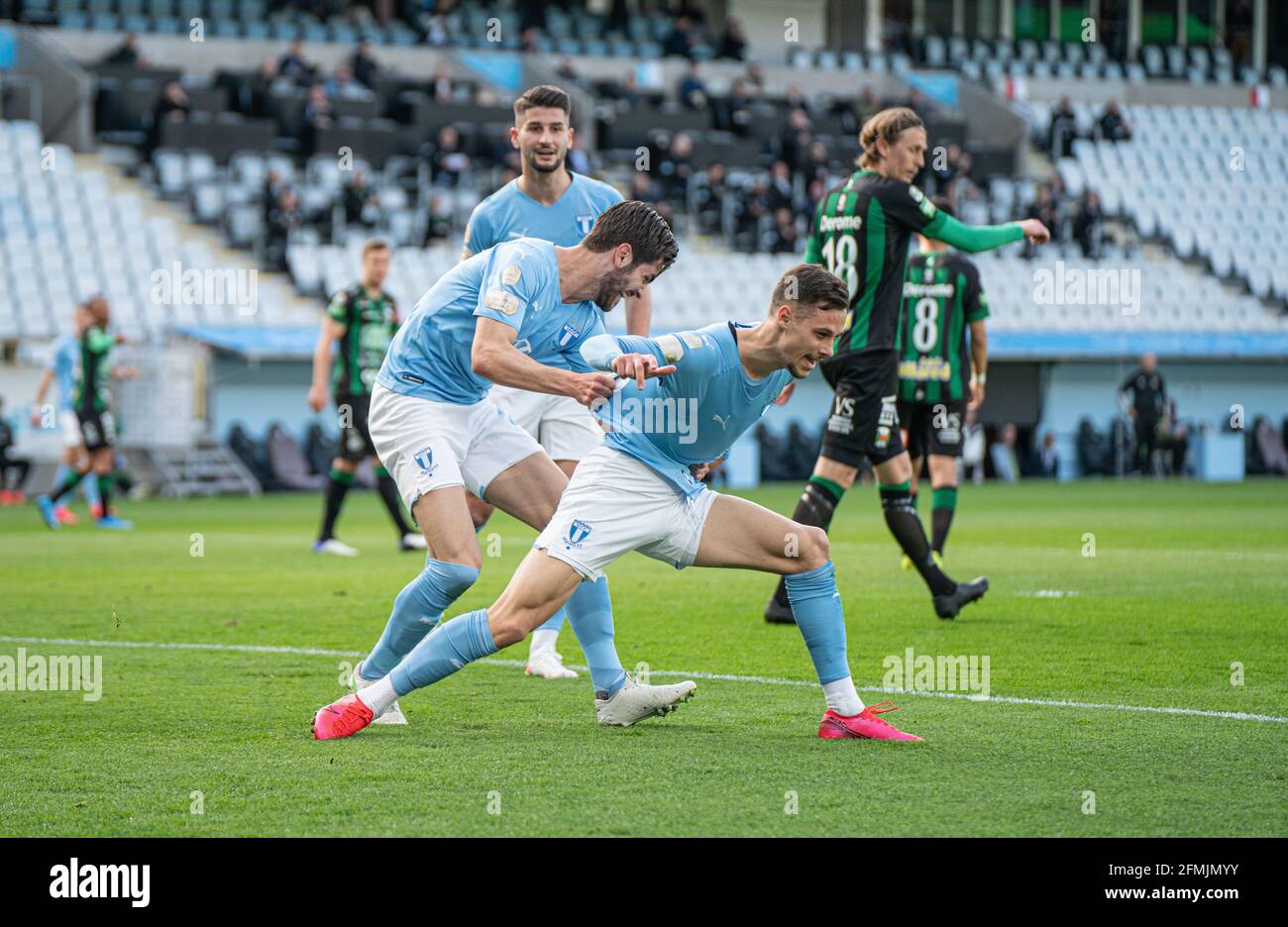 Malmo Sweden 9th May 2021 Veljko Birmancevic 19 Of Malmo Ff Scores And Celebrates With Adi Nalic 22 During The Allsvenskan Match Between Malmo Ff And Varbergs Bois At Eleda Stadion In