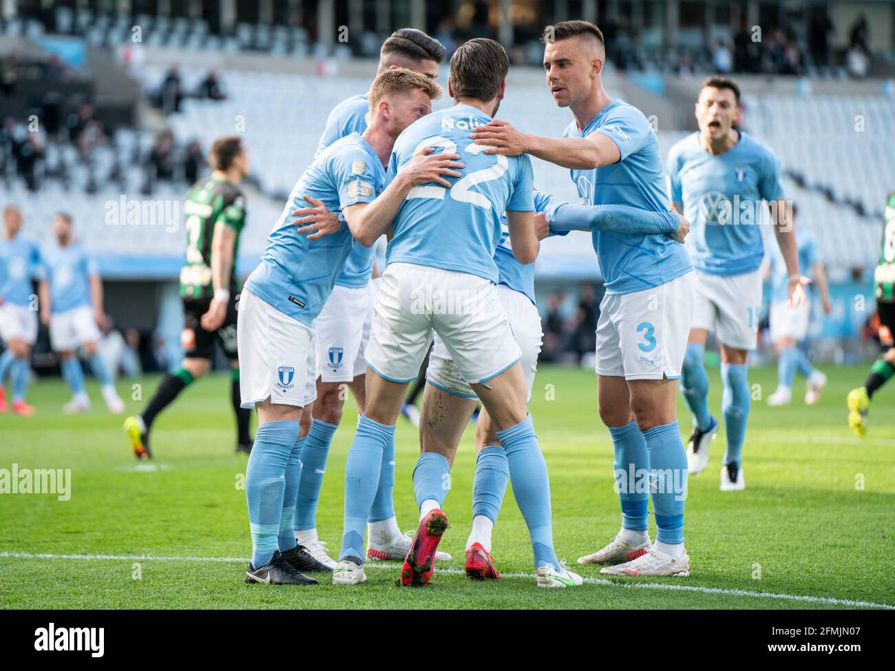 Malmo Sweden 9th May 2021 Veljko Birmancevic 19 Of Malmo Ff Scores And Celebrates Teammates Anders Christiansen 10 And Jonas Knudsen 3 During The Allsvenskan Match Between Malmo Ff And Varbergs Bois