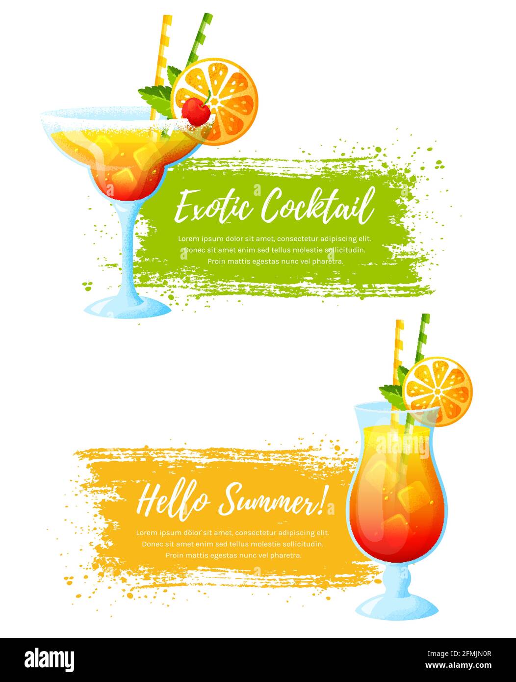 Set of vector banners with summer tropical cocktails. Paint brush strokes with place for text. Modern illustrations isolated on a white background. Stock Vector