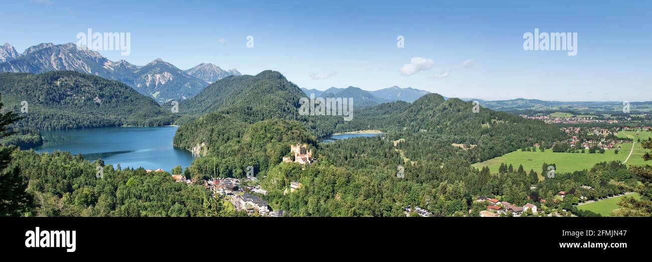 Aerial panoramic view of Hohenschwangau and Alpsee lake, Bavaria, Germany Stock Photo