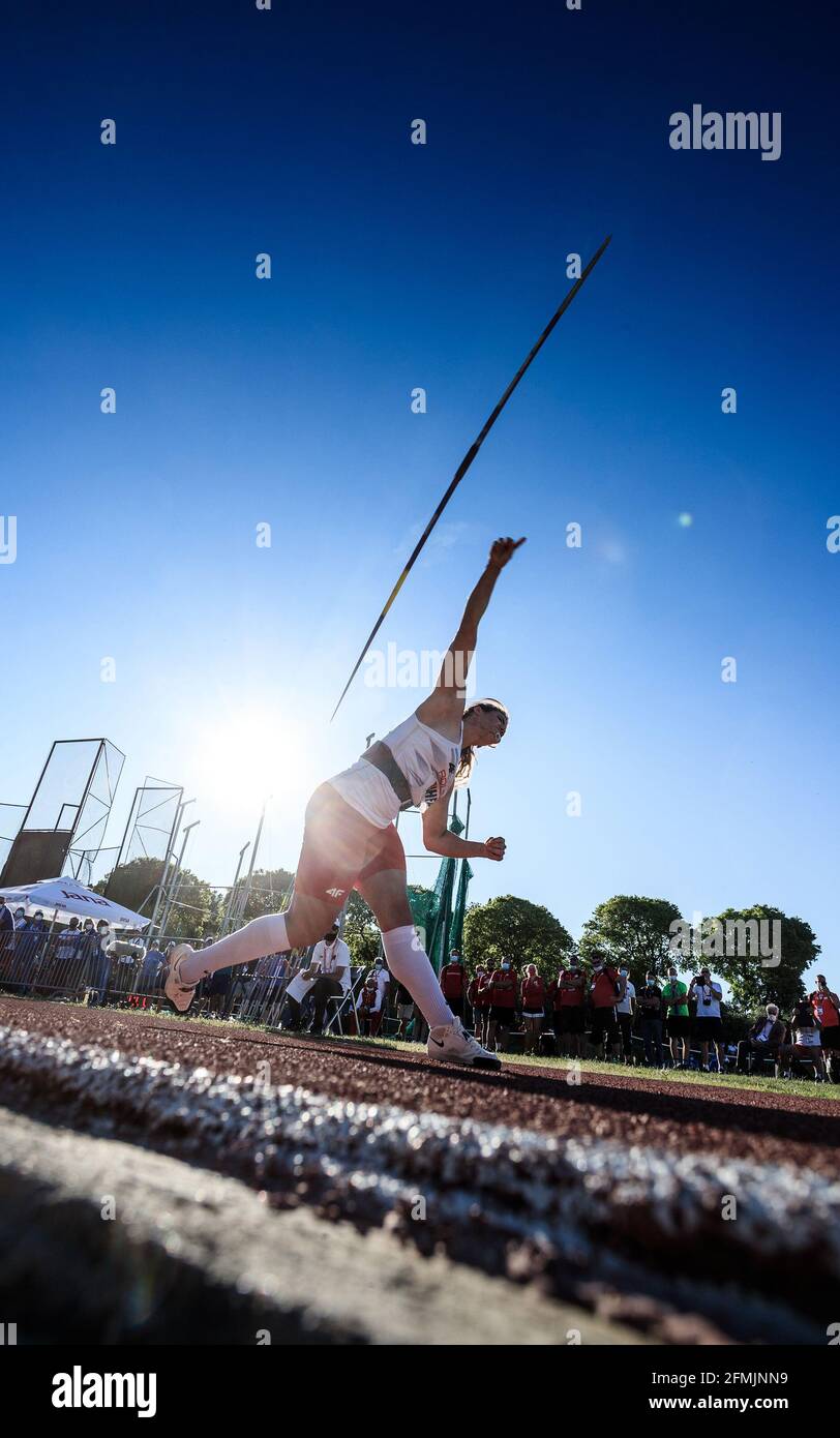 (210510) -- SPLIT, May 10, 2021 (Xinhua) -- Maria Andrejczyk of Poland competes during the Women's Javelin Throw Final at the European Throwing Cup at the Park Mladezi Stadium in Split, Croatia, May 9, 2021. (Milan Sabic/Pixsell via Xinhua) Stock Photo