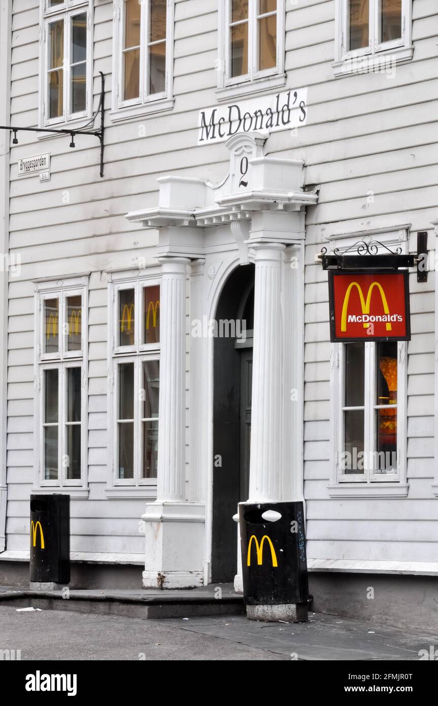 BERGEN, NORWAY - CIRCA JULY 2009: McDonald's restaurant set in an old Norwegian building. Stock Photo
