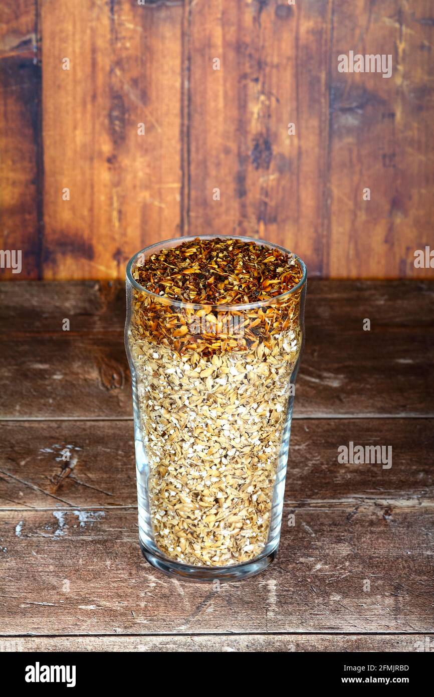 Pint glass filled with barley malt the raw ingredients used to make craft ales Stock Photo