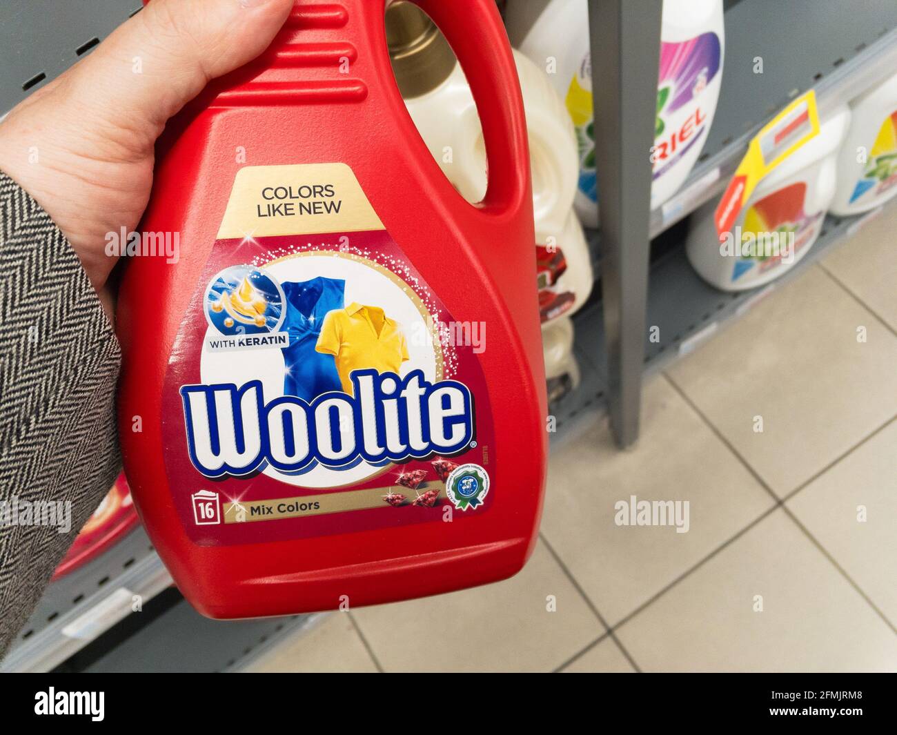 Picture of a detergent bottle with the logo of Reckitt in belgarde, serbia. Woolite is an American brand of laundry detergent owned by the British mul Stock Photo