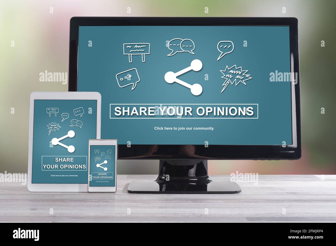 Opinions sharing concept shown on different information technology devices Stock Photo