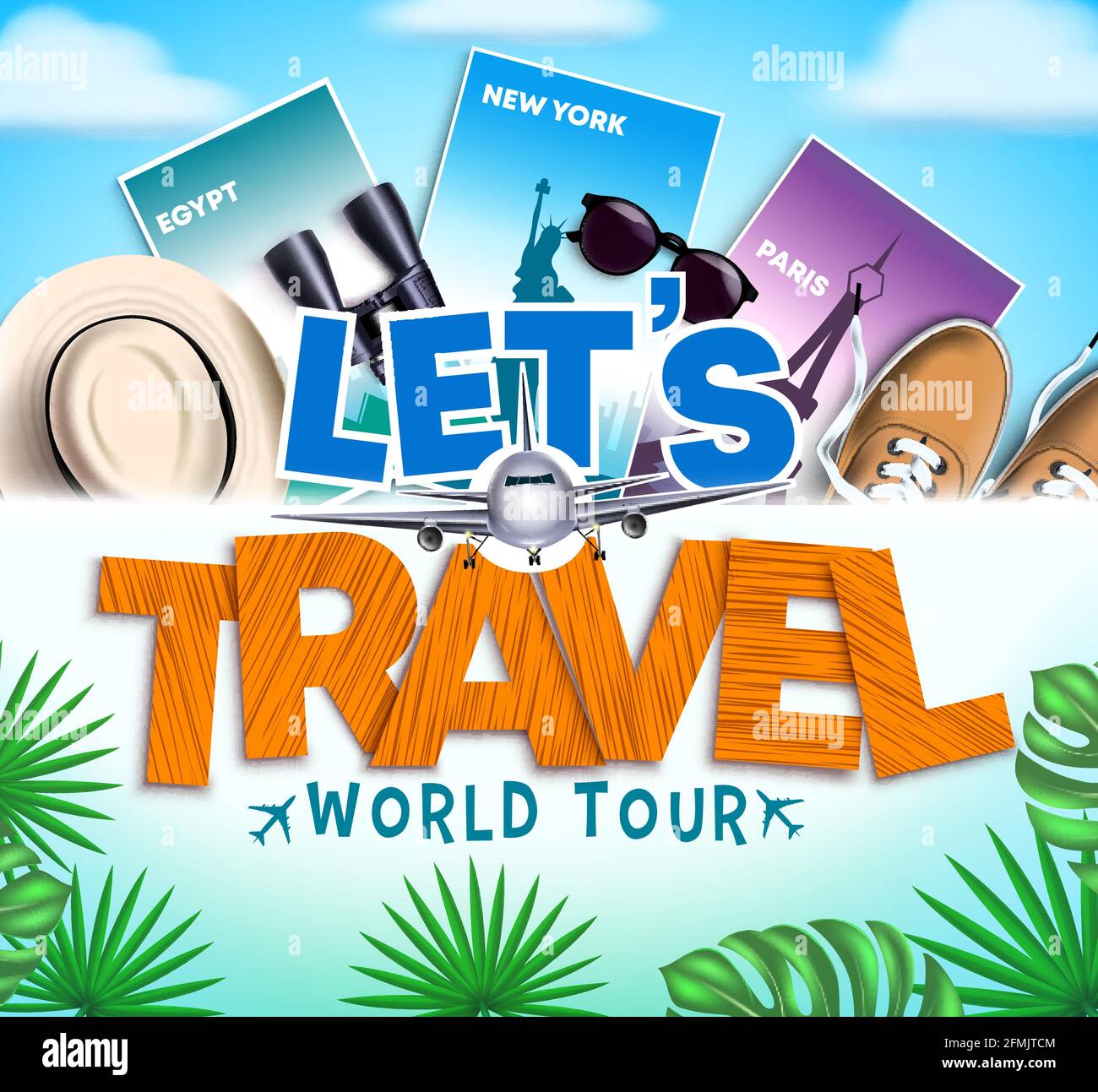 Let's travel vector design. Let's travel world tour text in paper cut with travelling 3d elements like hat, sneakers and country destination card. Stock Vector