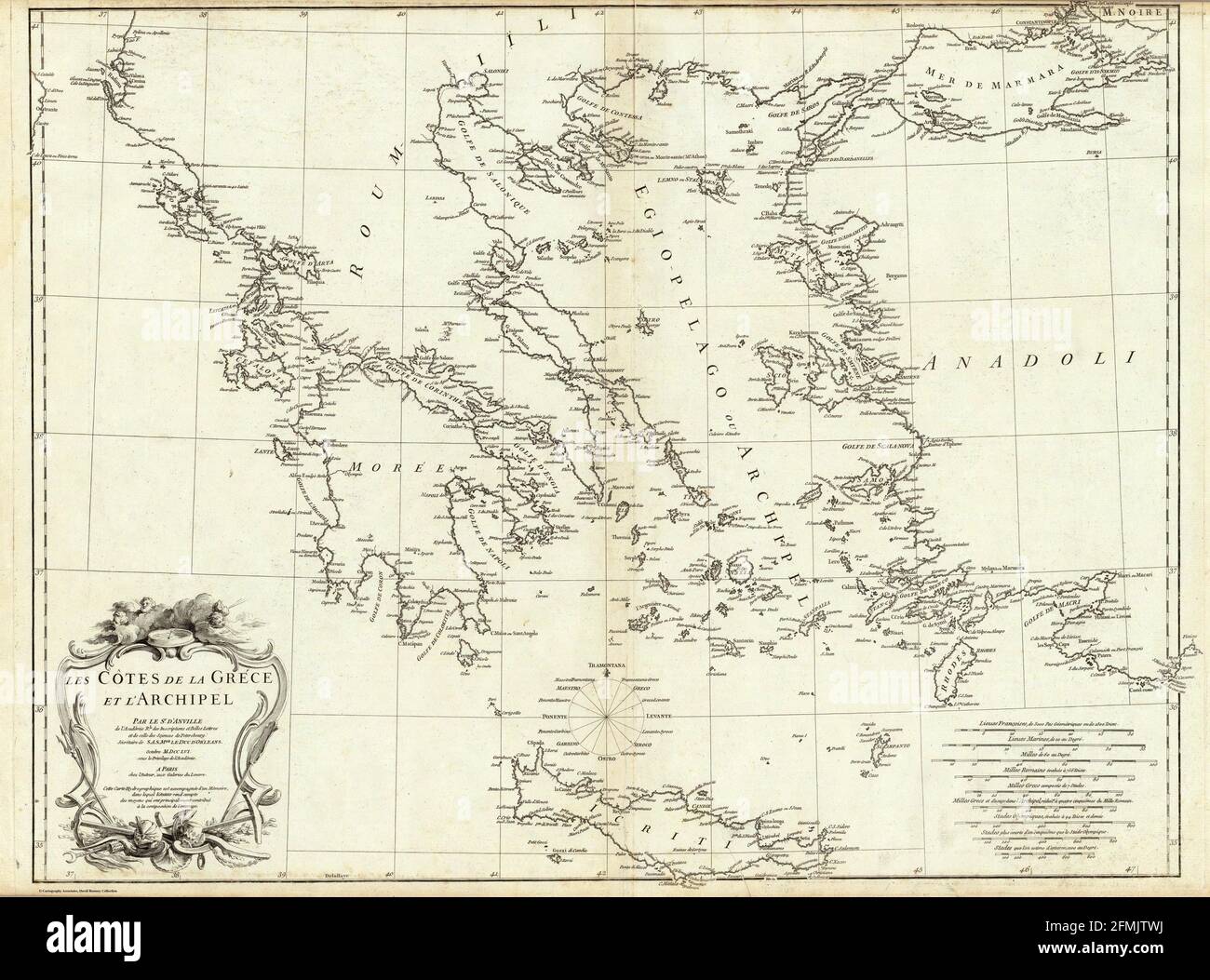 Vintage copper engraved map of Greece from 18th century. All maps are beautifully colored and illustrated showing the world at the time. Stock Photo