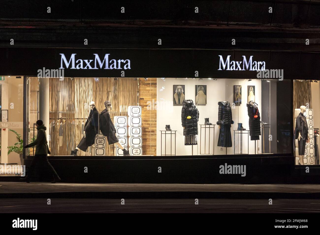 Picture of the MaxMara sign on their main shop for Serbia in Belgrade. Max Mara is an Italian fashion business, with stores worldwide, focusing on lux Stock Photo