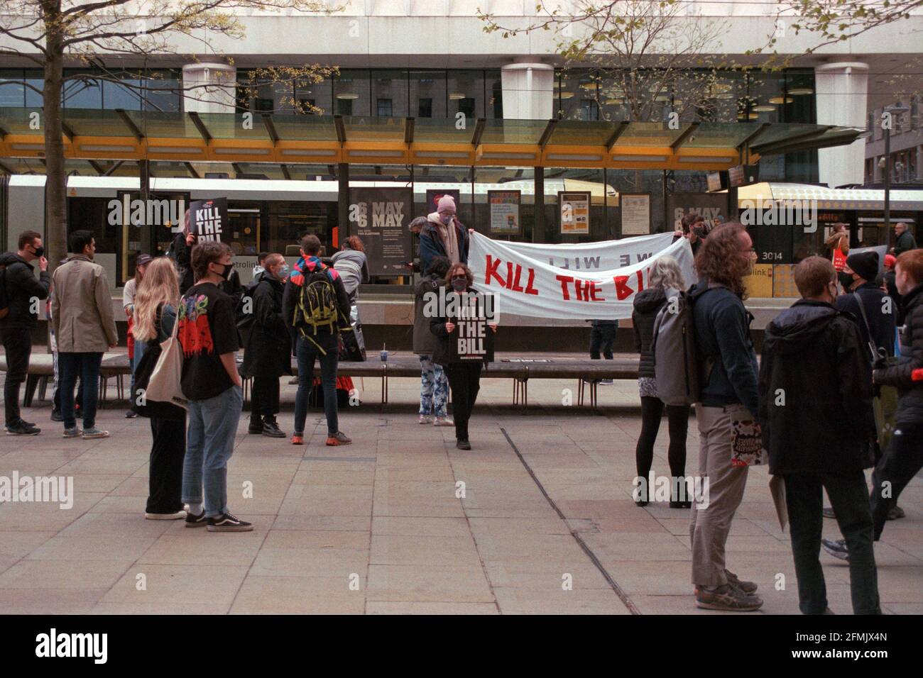 Manchester, UK - 1 May 2021: 'Kill The Bill' protesters at St Peter's Square temporarily blocked the tramways to against laws that expand police power Stock Photo