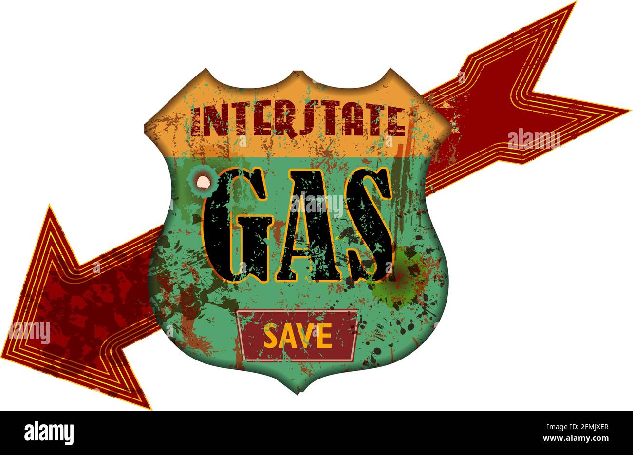 Vintage grungy american interstate highway gas station sign, retro distressed and weathered vector illustration Stock Vector