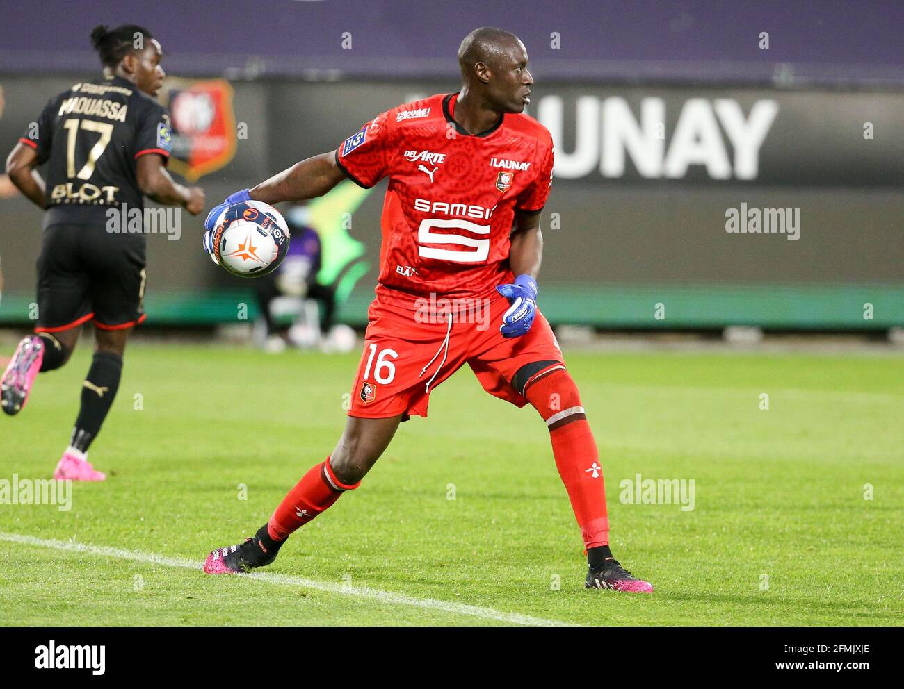 Goalkeeper of Rennes Alfred Gomis during the French championship Ligue 1 football match between Stade Rennais and Paris Saint-Germain on May 9, 2021 at Roazhon Park in Rennes, France - Photo Jean Catuffe / DPPI Stock Photo