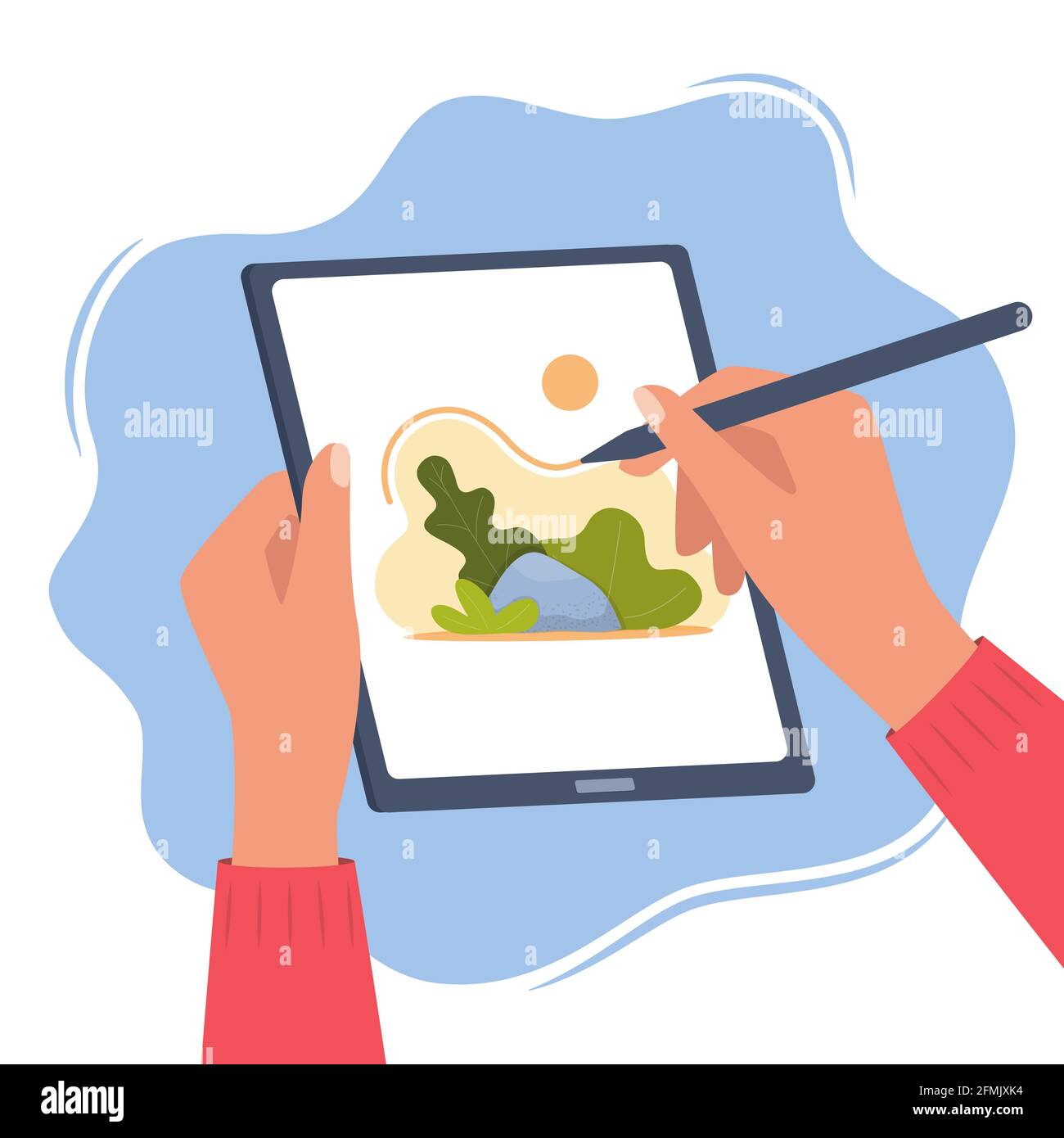 Designer illustrator draws a cute illustration on graphic tablet with pen.  Hands holding tablet and stylus pen. Art creating, graphic design, digital  Stock Vector Image & Art - Alamy