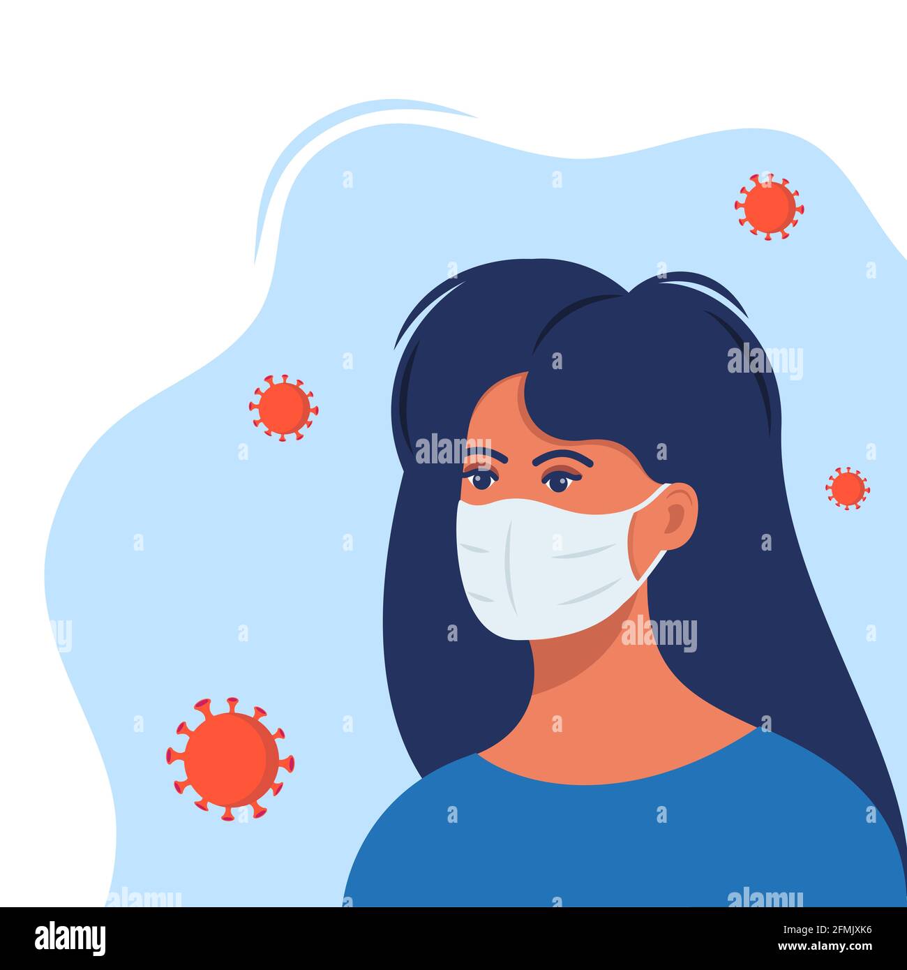 Woman with protective medical mask on face for prevent virus. Girl in surgical mask and virus particles around. Covid prevention. Vector illustration Stock Vector