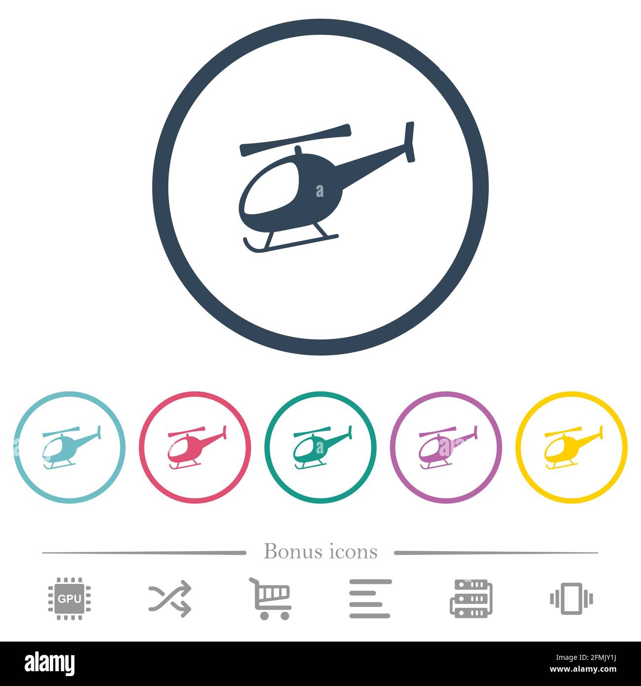 Helicopter flat color icons in round outlines. 6 bonus icons included. Stock Vector