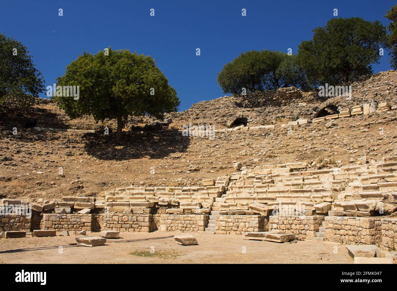 Footage of historical ruins and olive trees at ancient Greek city called Teos on the coast of Ionia located in Sigacik / Seferihisar district of Izmir Stock Photo